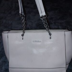 Calvin Klein Cream Satchel with Silver Accents